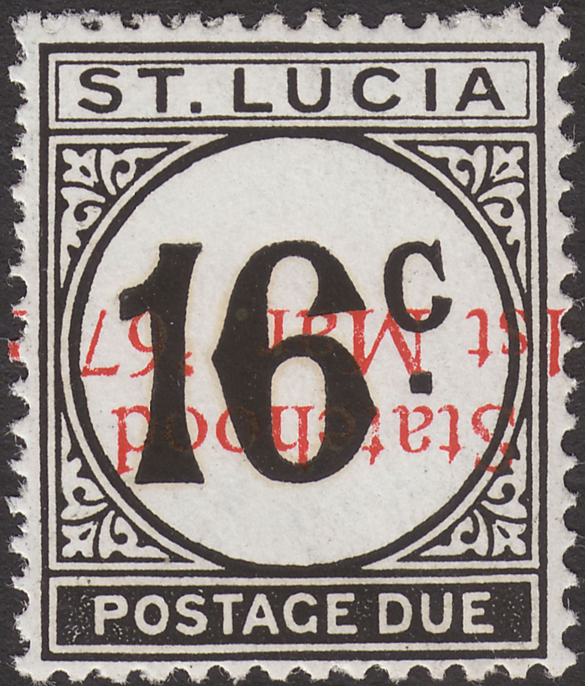 St Lucia 1967 QEII Postage Due Statehood Overprint Inverted 16c UM Mint MNH