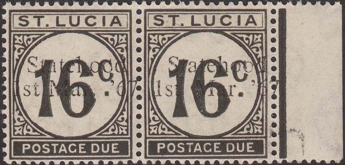 St Lucia 1967 QEII Postage Due Statehood Black Overprint 16c Pair UM Mint Trial?