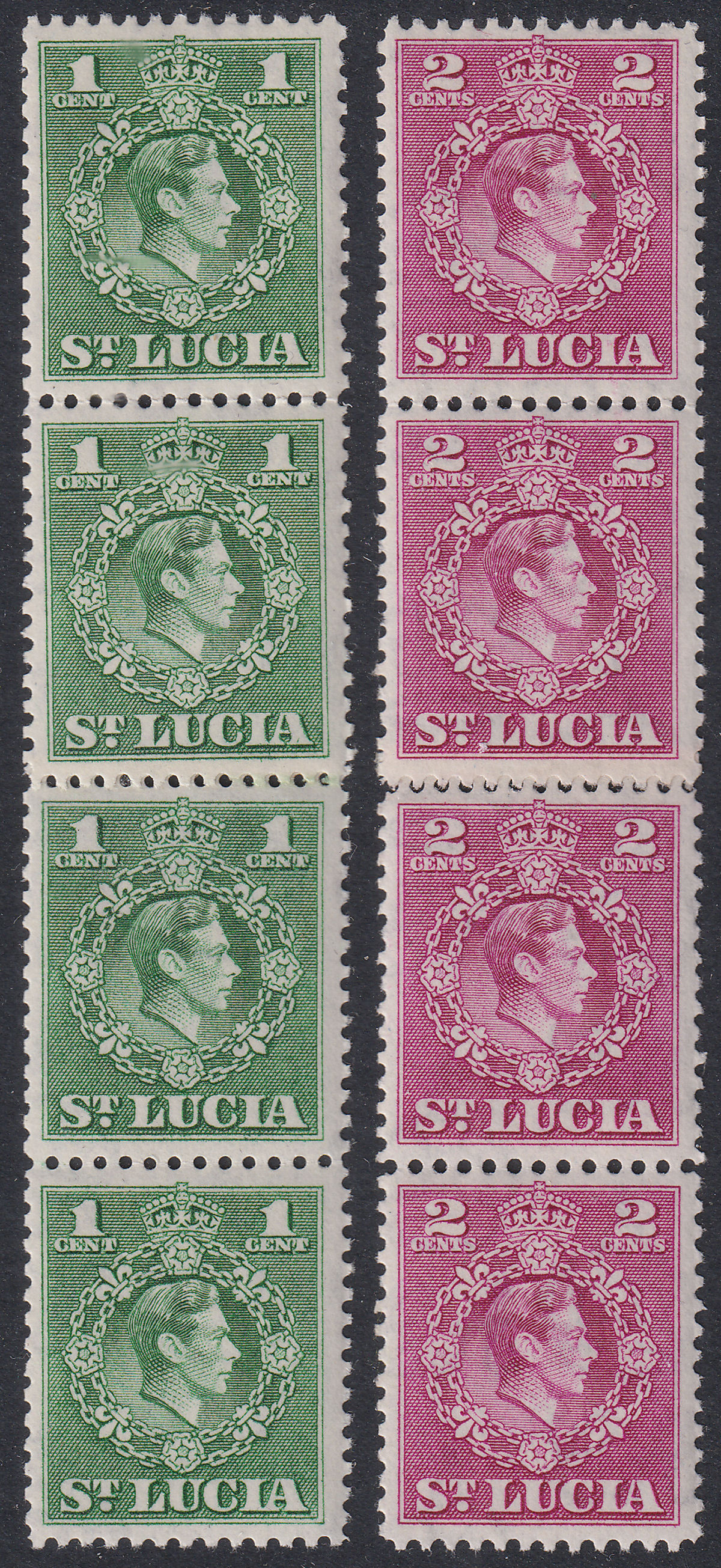 St Lucia 1949 KGVI 1c Green, 2c Magenta p12½ Coil Strips w Join Mint SG146-147