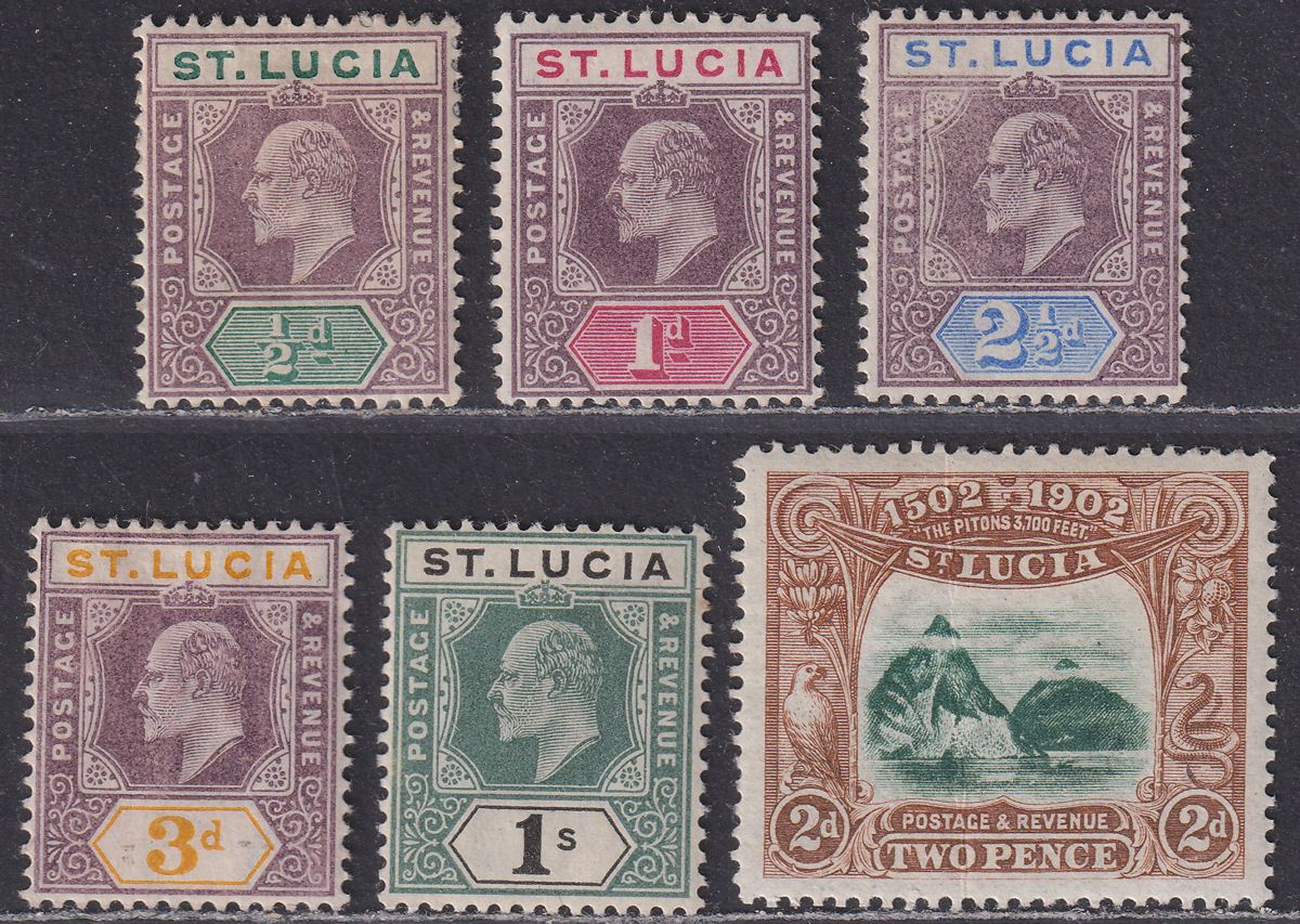 St Lucia 1902 KEVII wmk Crown CA Set Mint SG58-62 + Discovery 2d cat £88 faults