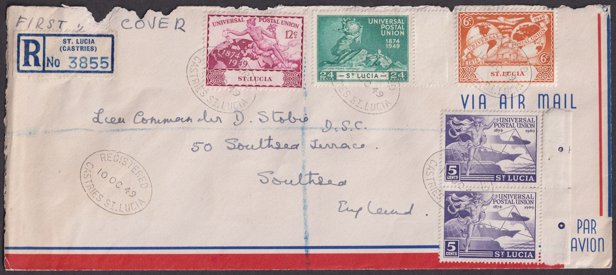 St Lucia 1949 KGVI 75th Anniv of UPU Registered Airmail First Day Cover to UK
