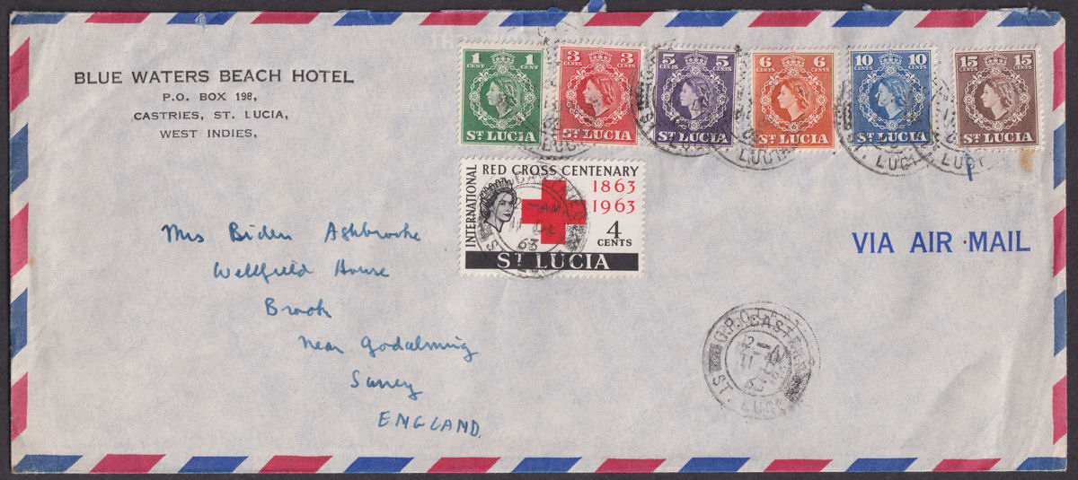 St Lucia 1963 QEII Definitives Part Set to 15c, 4c Used on Airmail Cover to UK