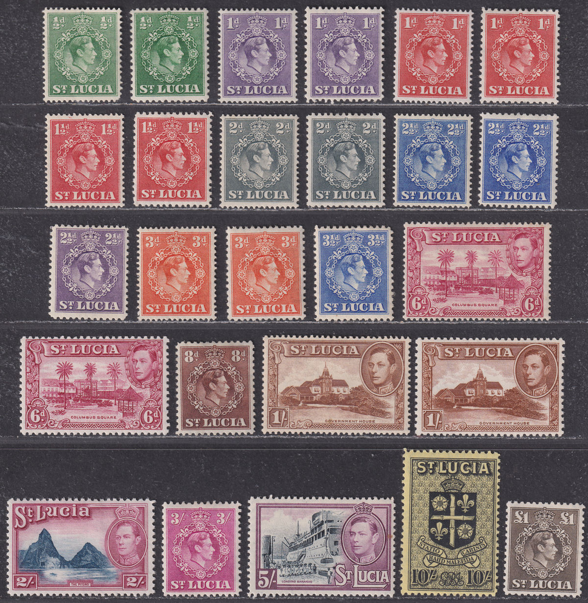 St Lucia 1938-48 KGVI Set Mint SG128-141 with Shades / Perf Varieties cat £95+