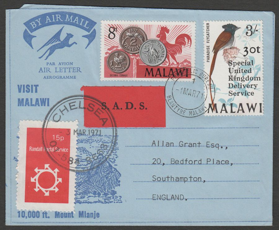 Malawi 1971 UK Strike Mail Airmail Cover w Randall 15p