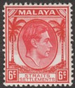 Malaya Straits Settlements 1941 KGVI 6c Scarlet Mint SG282var