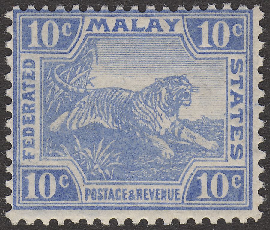 Federated Malay States 1919 Tiger 10c Bright Blue Mint SG44a