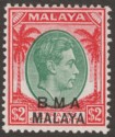Click for more photos and details Malaya BMA Administration 1945 KGVI $2 Green and Carmine-Red Mint SG16
