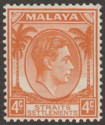 Click for more photos and details Malaya Straits Settlements 1938 KGVI 4c Orange Die I Mint SG280
