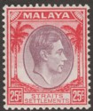 Click for more photos and details Malaya Straits Settlements 1937 KGVI 25c Dull Purple and Scarlet Mint SG286