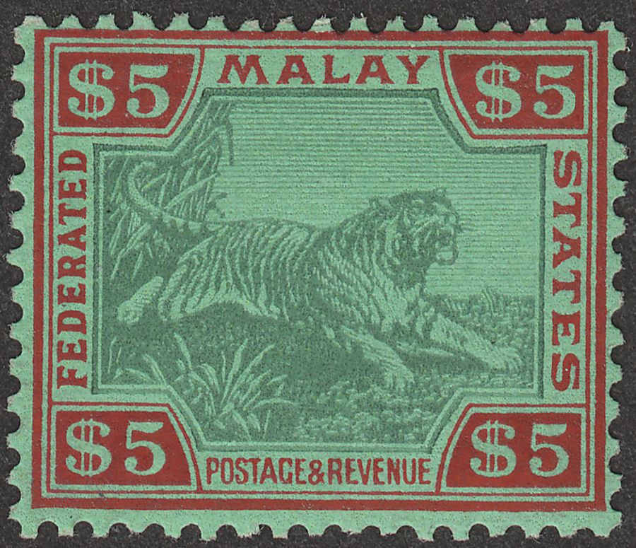 Federated Malay States 1934 Tiger $5 Green and Red on Green Mint SG81
