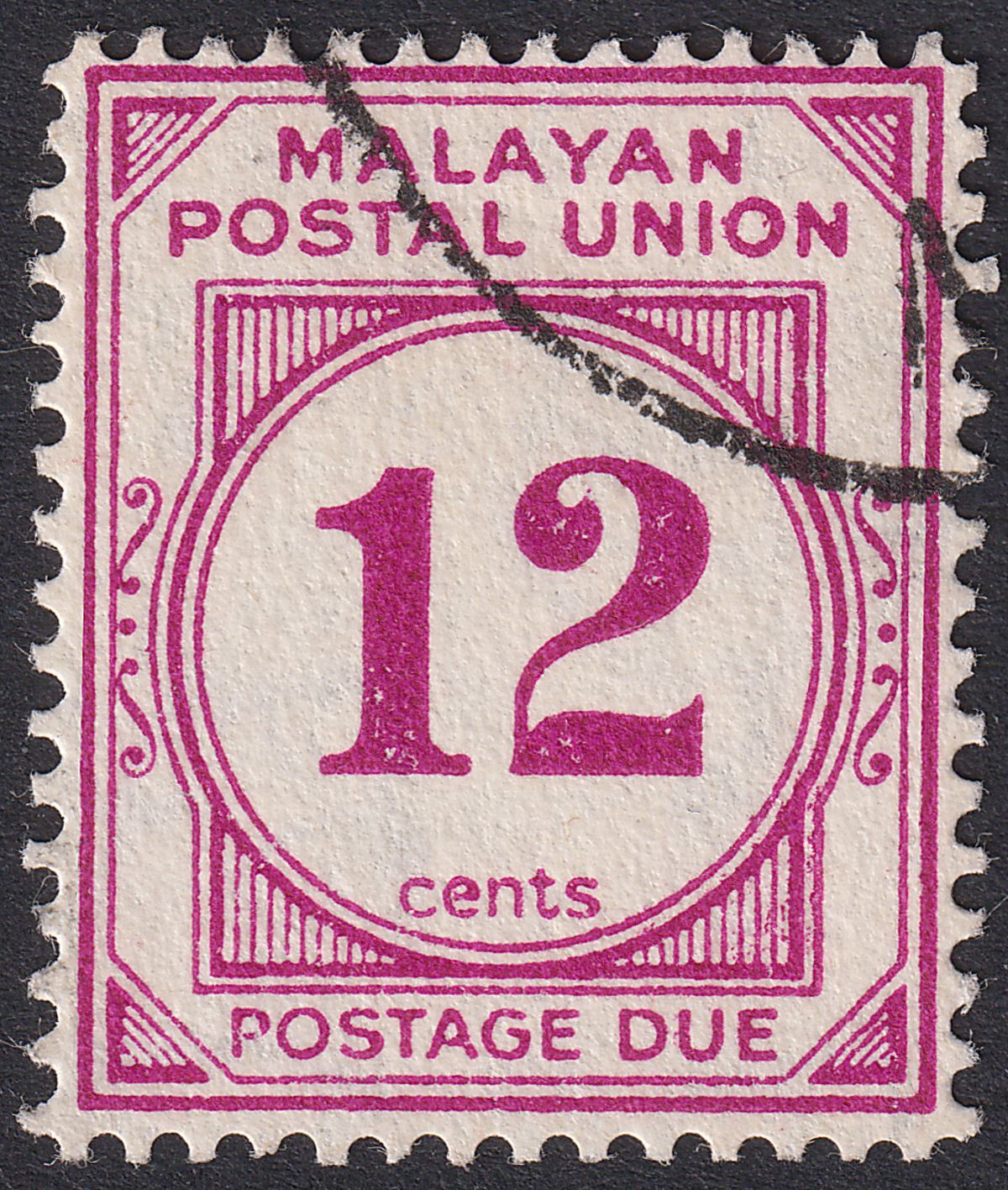 Malayan Postal Union 1954 Postage Due 12c watermark Inverted Used SG D20w