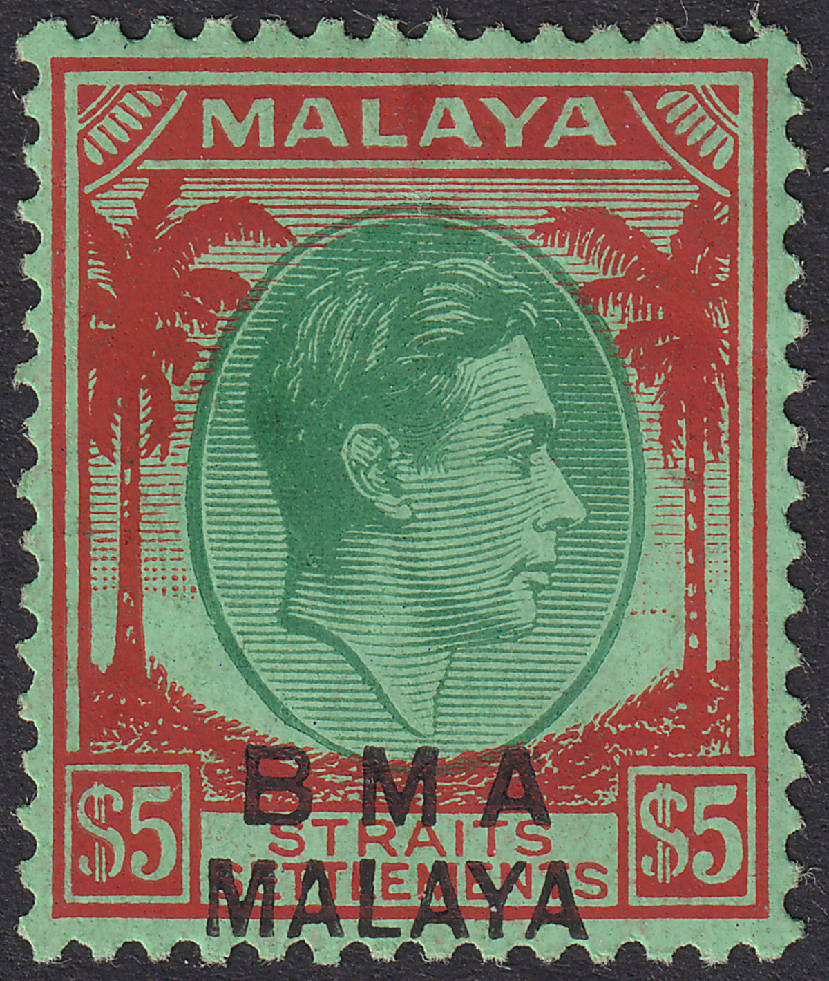 Malaya BMA Administration 1945 KGVI $5 Green + Red on Emerald Mint SG17 cat £120