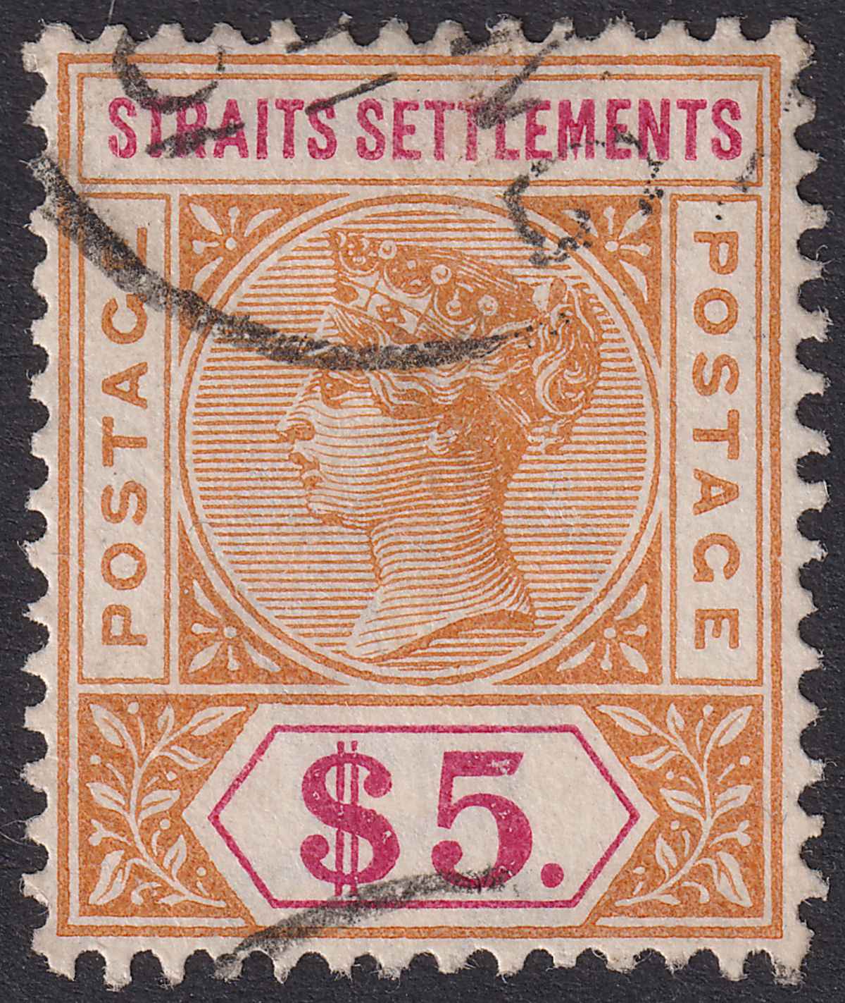 Malaya Straits Settlements 1898 QV $5 Orange and Carmine Used SG105 cat £400