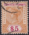 Malaya Straits Settlements 1898 QV $5 Orange and Carmine Used SG105 cat £400