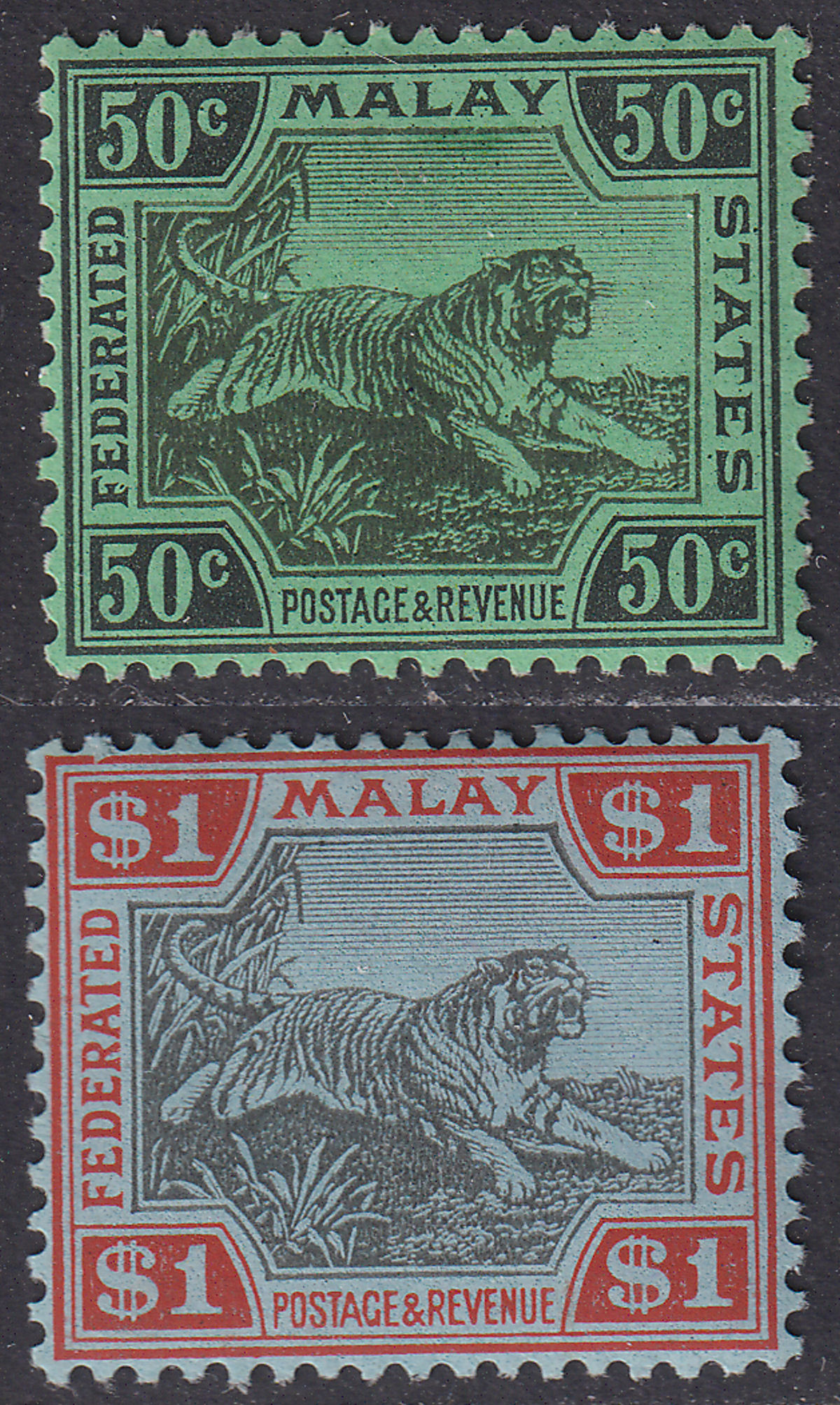 Federated Malay States 1931 Tiger 50c, $1  Mint SG75 SG77 cat £29