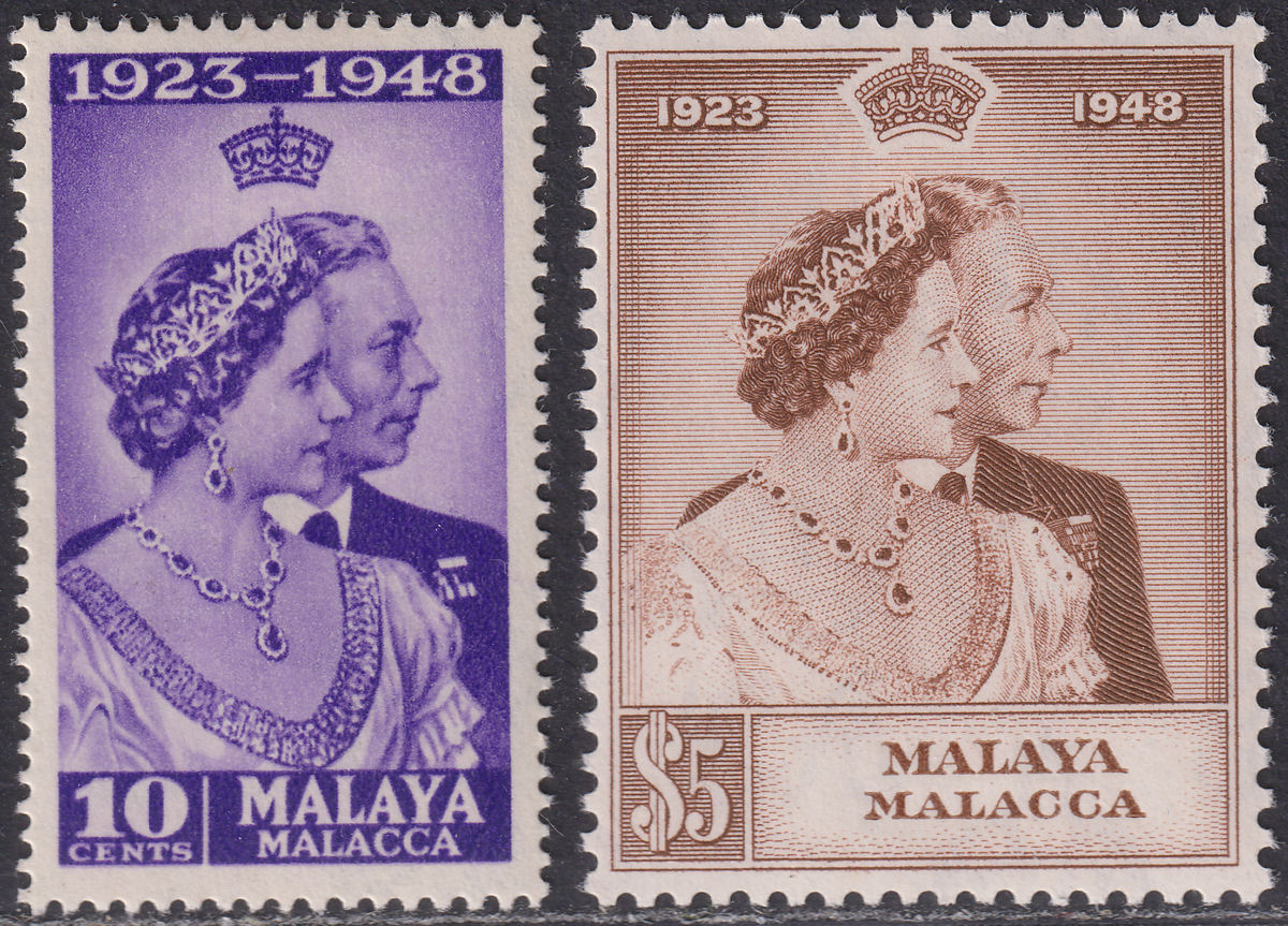 Malaya Malacca 1948 KGVI Royal Silver Wedding 10c, $5 Mint SG1-2 cat £35 RSW