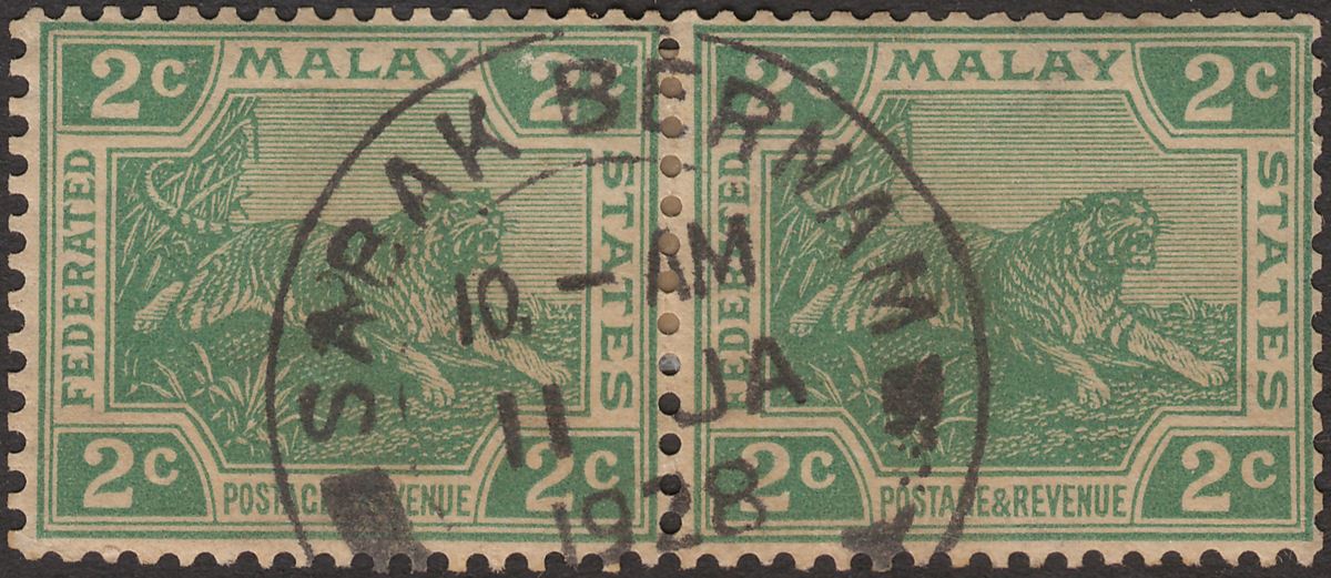 Federated Malay States 1928 KGV Tiger 2c Green Pair Used w SABAK BERNAM Postmark