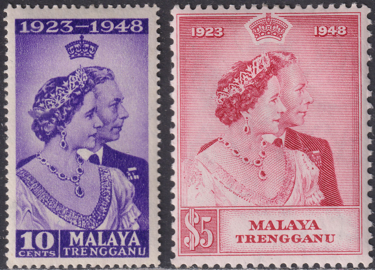 Malaya Trengganu 1948 KGVI Royal Silver Wedding 10c, $5 Mint SG61-62 cat £35