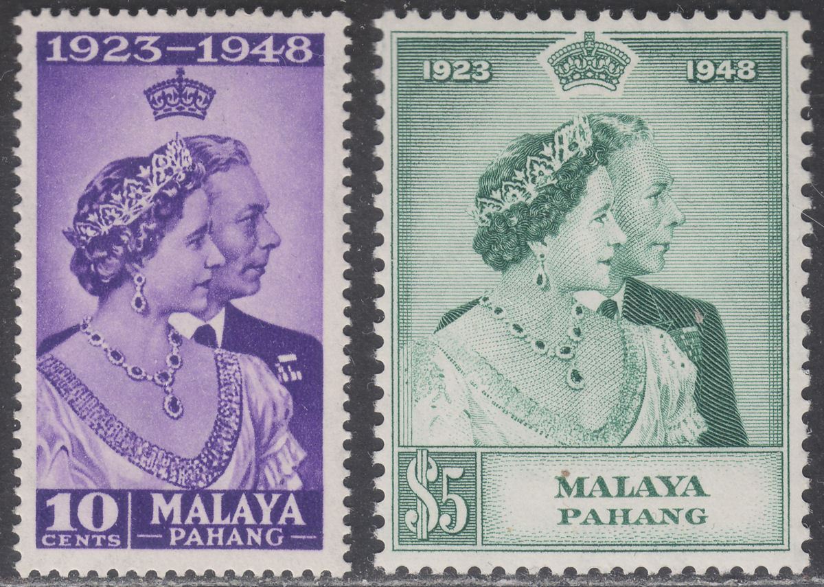 Malaya Pahang 1948 KGVI Royal Silver Wedding 10c, $5 Mint SG47-48 cat £28