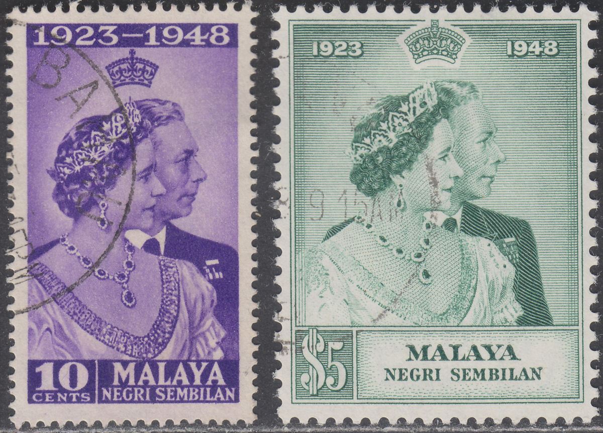 Malaya Negri Sembilan 1948 KGVI Royal Silver Wedding 10c $5 Used SG40-41 cat £32