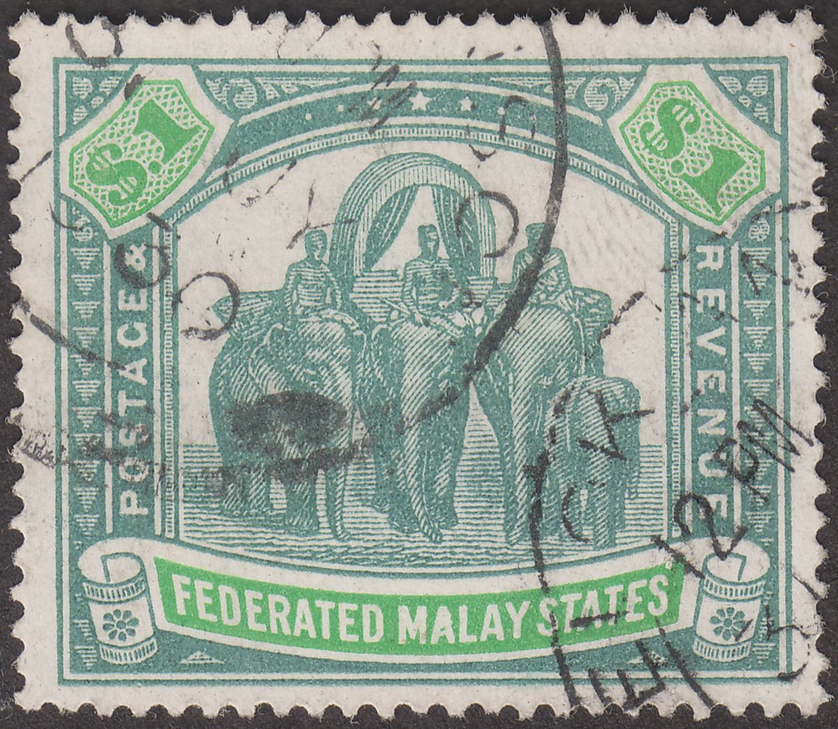 Federated Malay States 1930 Elephants $1 Grey-Green and Emerald Used SG76a c £55