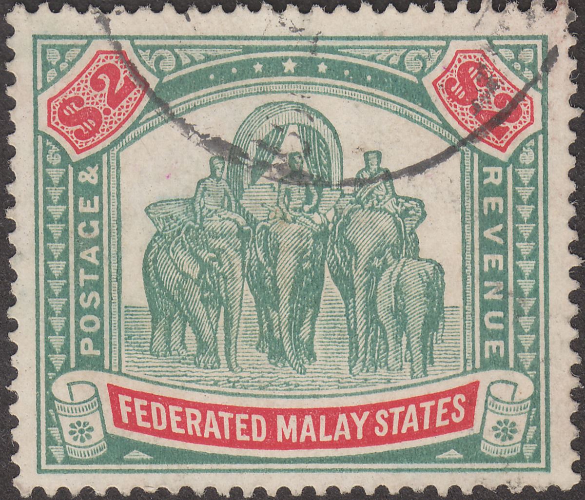Federated Malay States 1926 Elephants $2 Green and Carmine Used SG78 cat £110