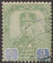 Malaya Johore 1925 Sultan Sir Ibrahim $3 Green + Blue Fiscal Used SG122 REPAIRED