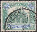 Federated Malay States 1912 Elephants $5 Green + Blue Fiscally Used SG50 c£200 p