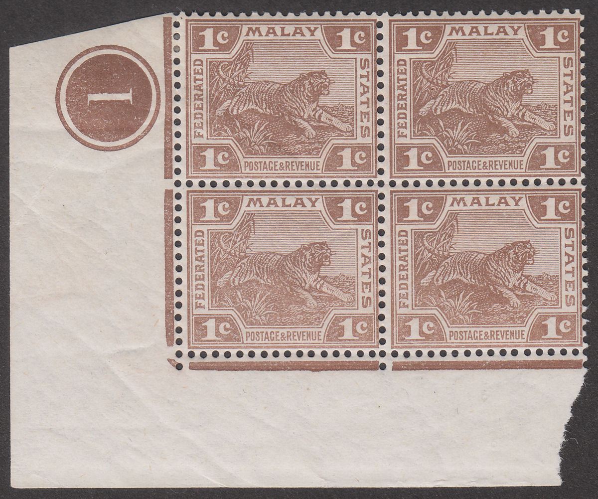 Federated Malay States 1919 KEVII Tiger 1c Plate 1 Block of Four Mint SG30