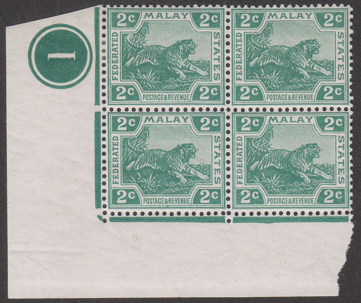 Federated Malay States 1919 KEVII Tiger 2c Plate 1 Block of Four Mint SG31