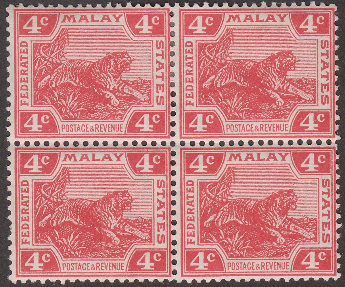 Federated Malay States 1919 KEVII Tiger 4c Scarlet Die II Block of 4 Mint SG38