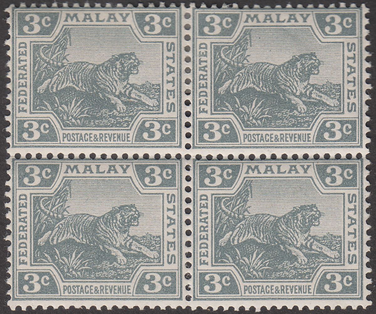 Federated Malay States 1918 KEVII Tiger 3c Grey Block of Four Mint SG35