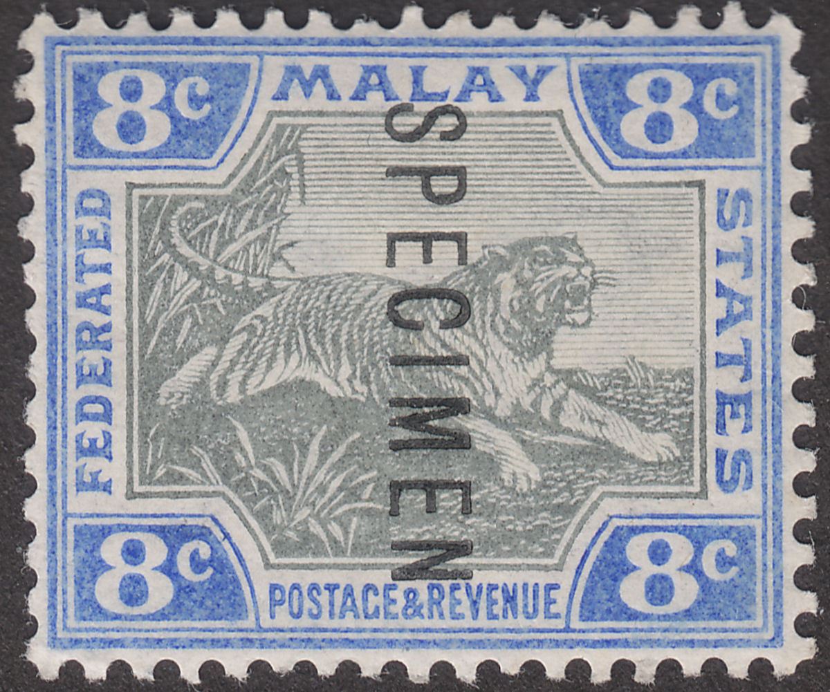 Federated Malay States 1901 Tiger SPECIMEN Overprint 8c Black + Ultra Mint SG19s