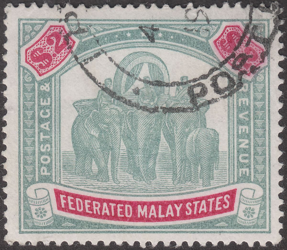 Federated Malay States 1900 Elephants $2 Green and Carmine Used SG24 cat £250