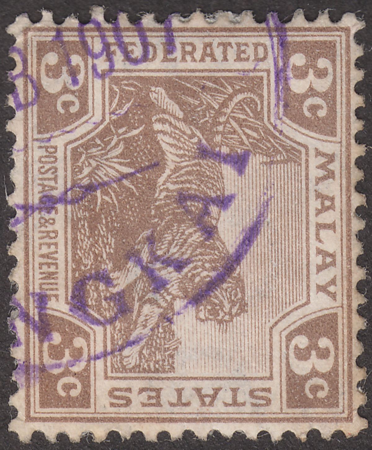 Federated Malay States 1907 KEVII Tiger 3c Brown Used with SUNGKAI Postmark