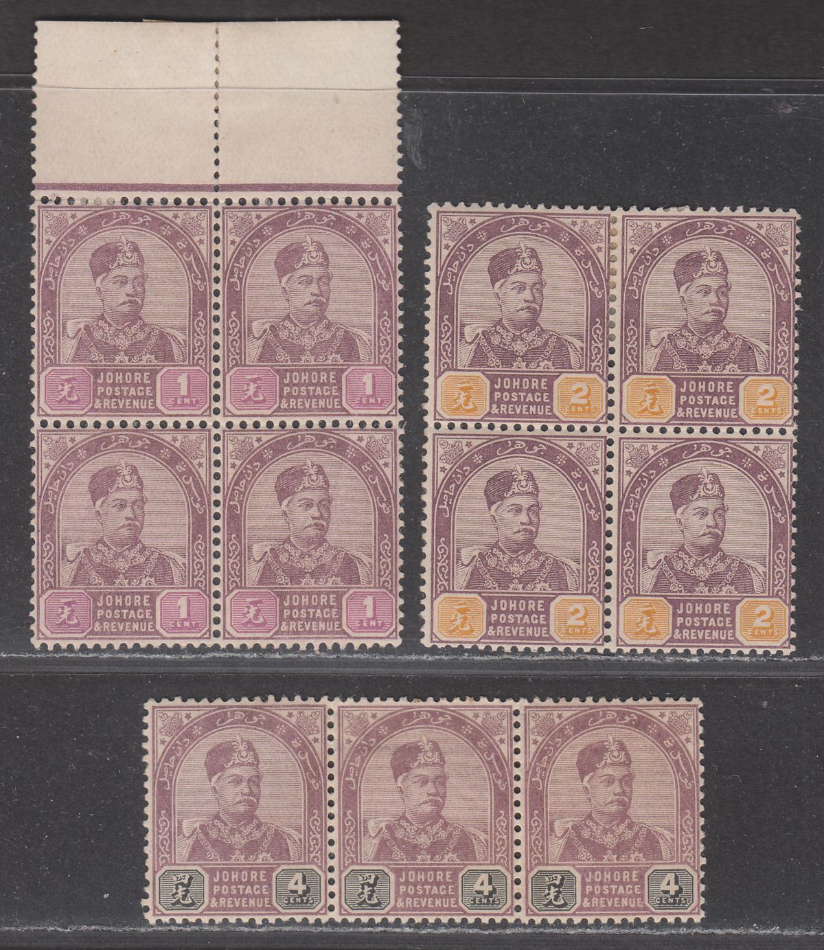 Malaya Johore 1891-94 QV Sultan Abu Bakar 1c, 2c, 4c Blocks Mint with toned gum