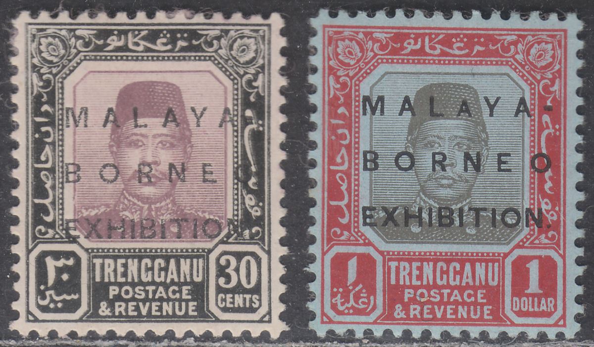 Malaya Trengganu 1922 30c $1 Borneo Exhibition Overprint Variety Mint SG54b 56d
