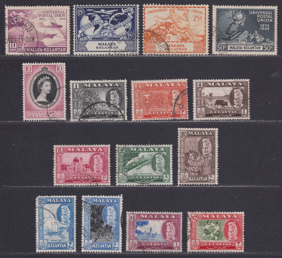 Malaya Kelantan 1949-57 KGVI-QEII Selection to $2 Used