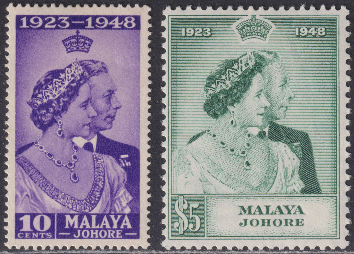 Malaya Johore 1948 KGVI Royal Silver Wedding 10c and $5 Mint SG131-132 cat £30