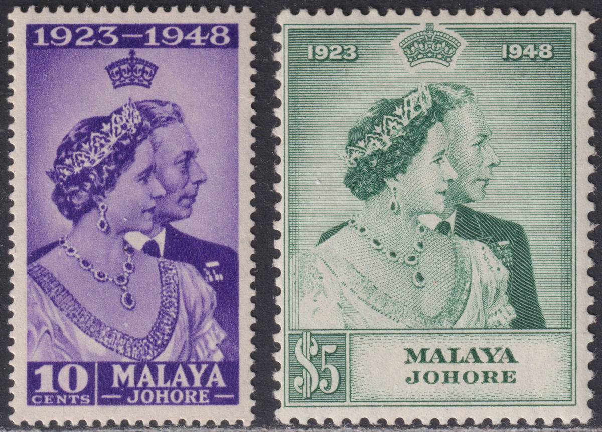 Malaya Johore 1948 KGVI Royal Silver Wedding 10c and $5 Mint SG131-132 cat £30