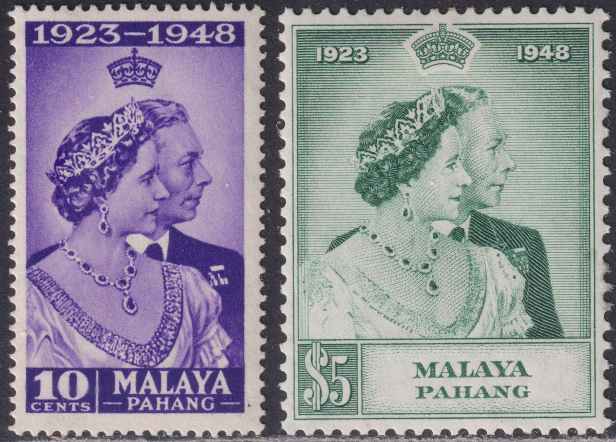 Malaya Pahang 1948 KGVI Royal Silver Wedding 10c, $5 Mint SG47-48 cat £28