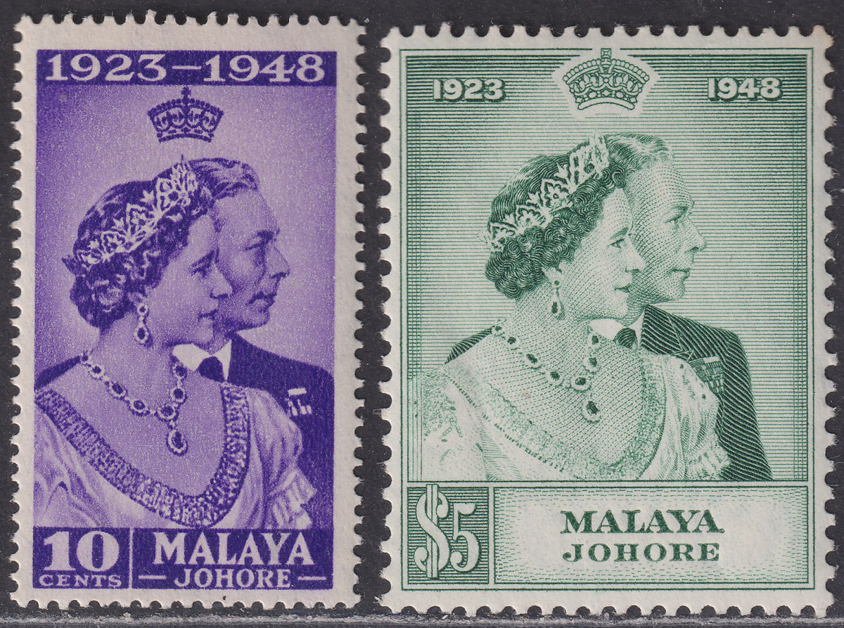 Malaya Johore 1948 KGVI Royal Silver Wedding 10c and $5 Mint SG131-132 cat £30