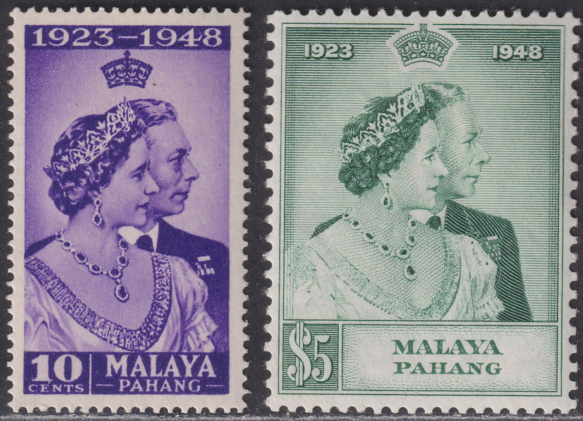 Malaya Pahang 1948 KGVI Royal Silver Wedding 10c, $5 Mint SG47-48 cat £28