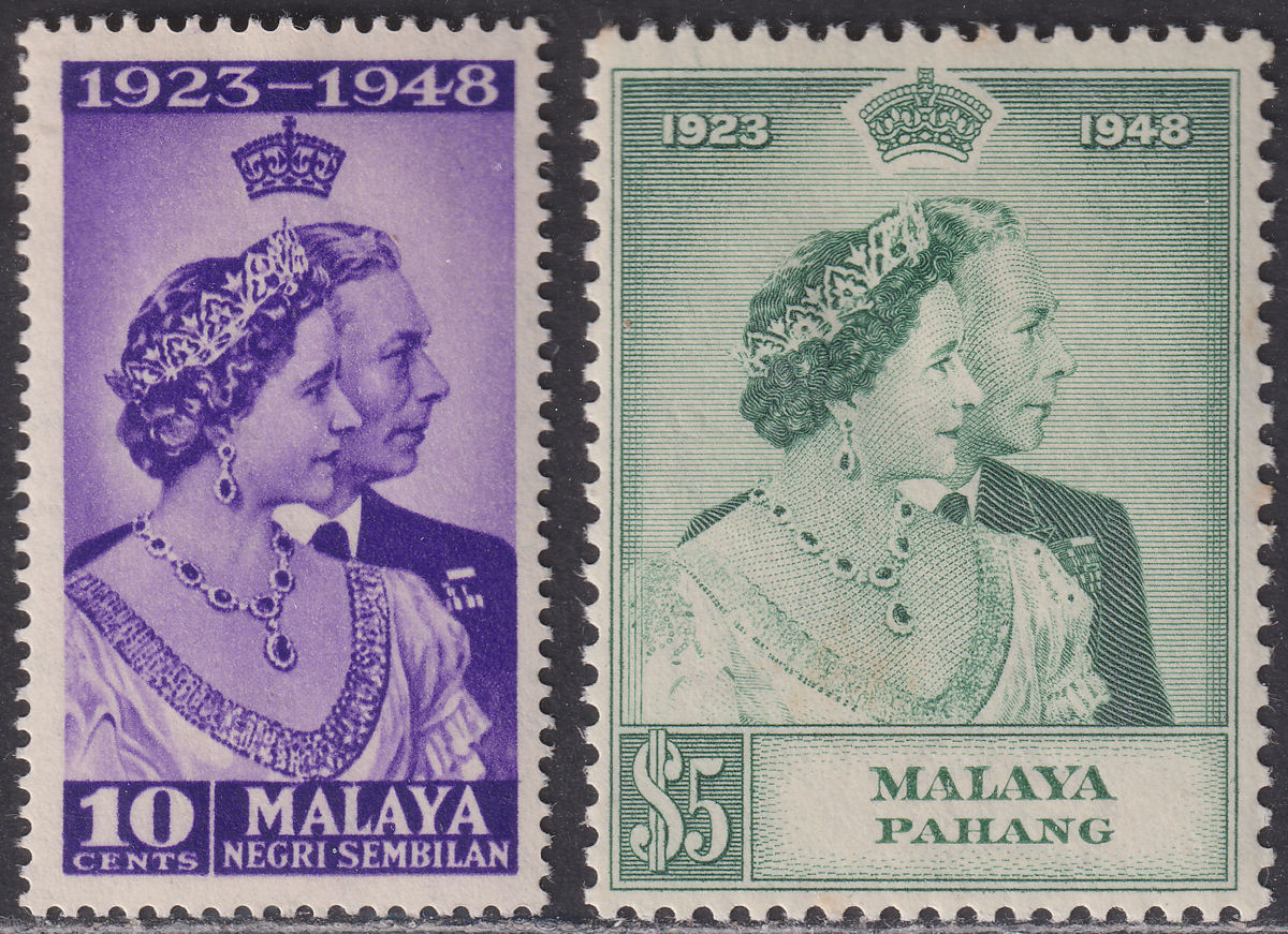 Malaya Pahang 1948 KGVI Royal Silver Wedding 10c, $5 Mint SG47-48 cat £28