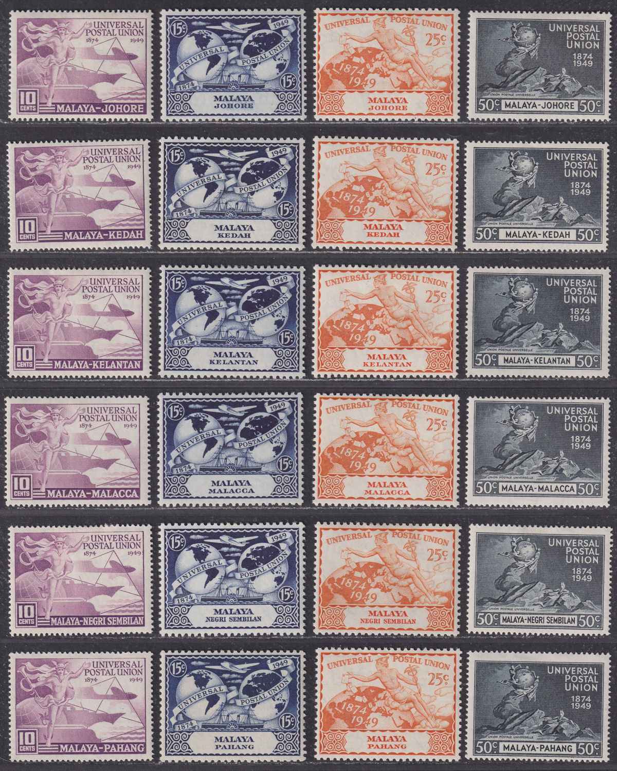 Malaya 1949 KGVI 75th Anniv UPU Sets Mint - Johore, Kedah, Pahang etc