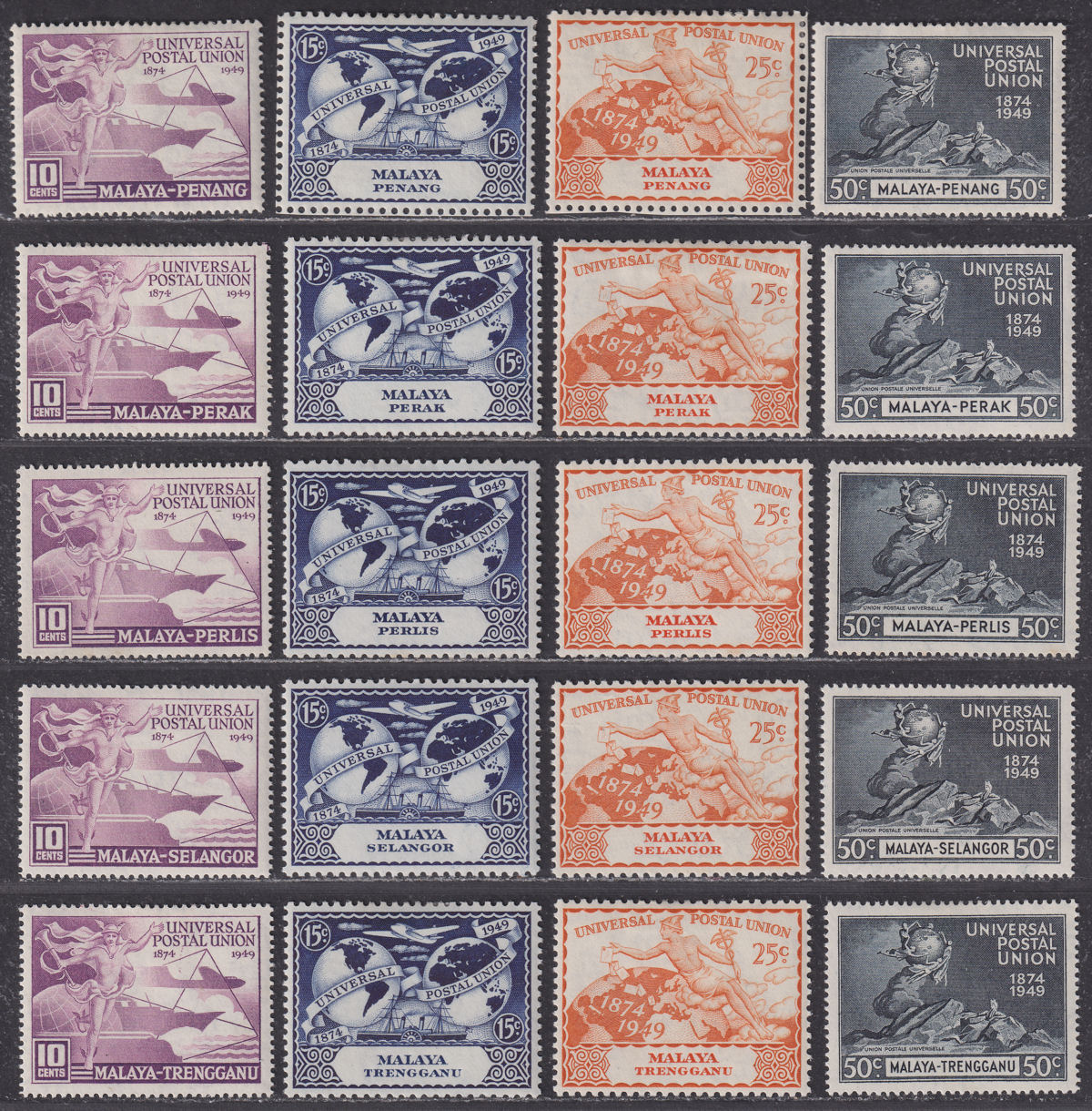 Malaya 1949 KGVI 75th Anniv UPU Sets Mint - Penang, Perak, Trengannu etc