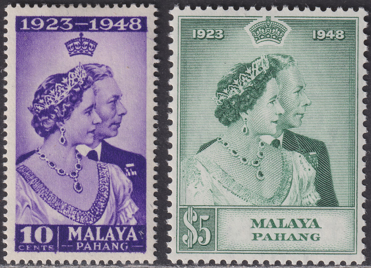 Malaya Pahang 1948 KGVI Royal Silver Wedding 10c, $5 Mint SG47-48 cat £28