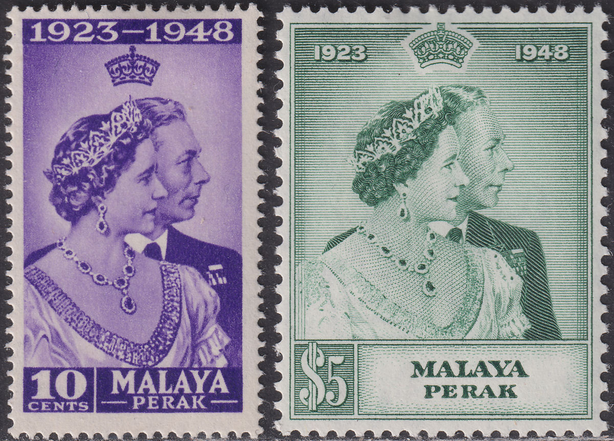 Malaya Perak 1948 KGVI Royal Silver Wedding 10c, $5 Mint SG122-123 cat £28