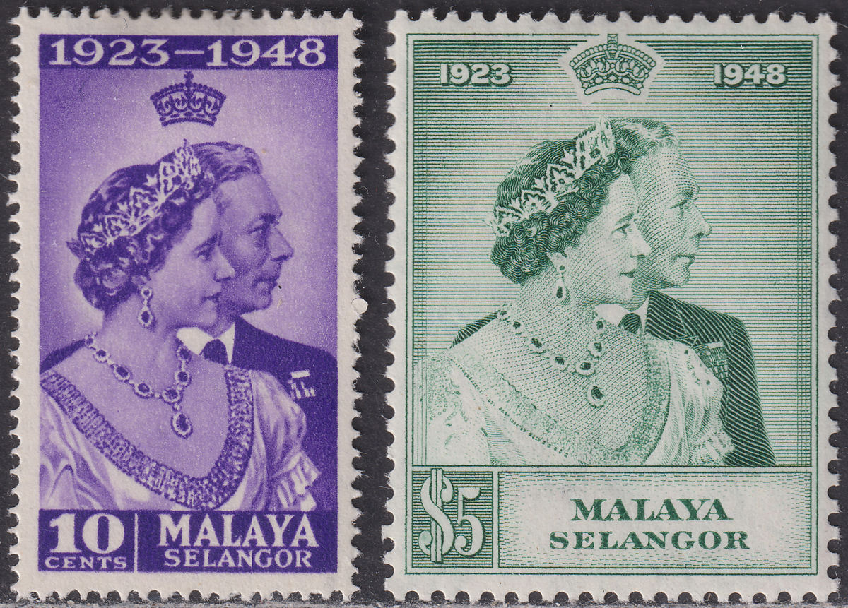 Malaya Selangor 1948 KGVI Royal Silver Wedding 10c, $5 Mint SG88-89 cat £28