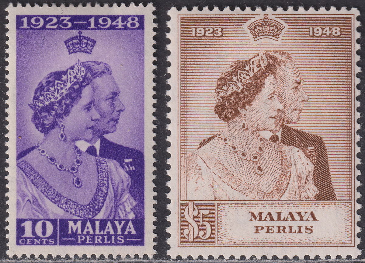 Malaya Perlis 1948 KGVI Royal Silver Wedding 10c, $5 Mint SG1-2 cat £38